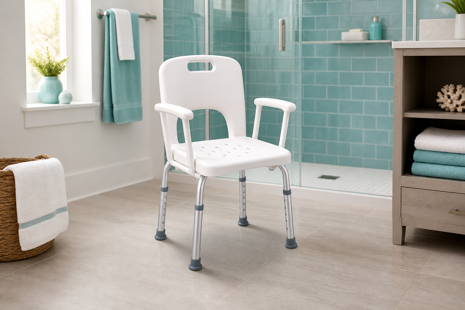 Shower chairs with arms in a tiled bathroom — HarborStep Bath Safety