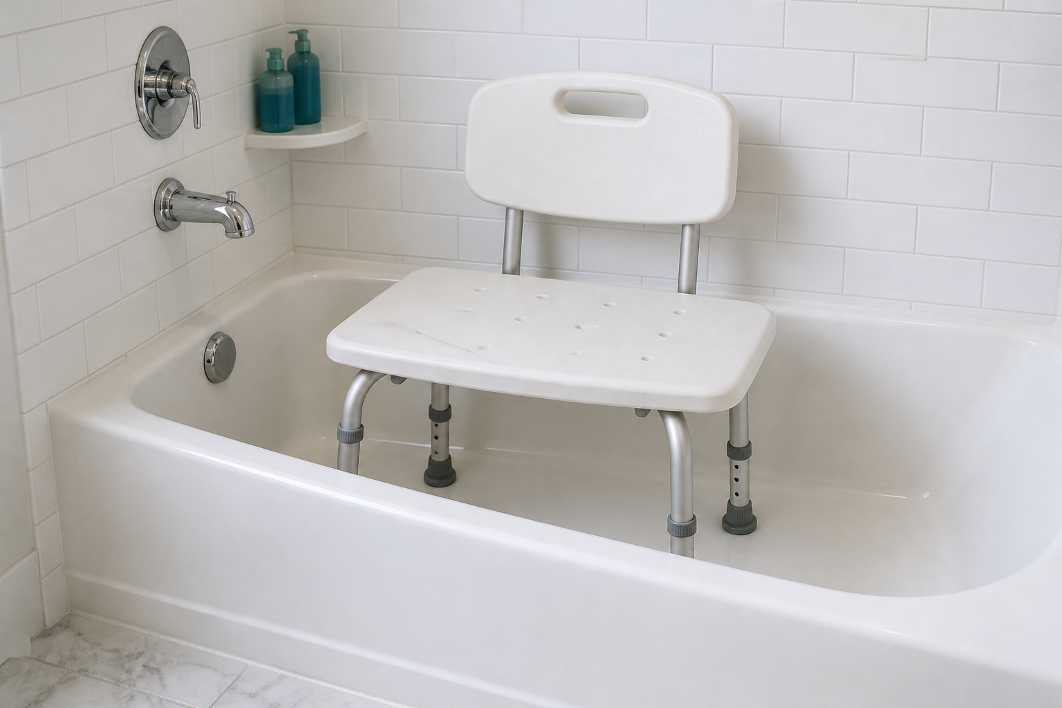 Bath benches with back inside a tiled tub alcove