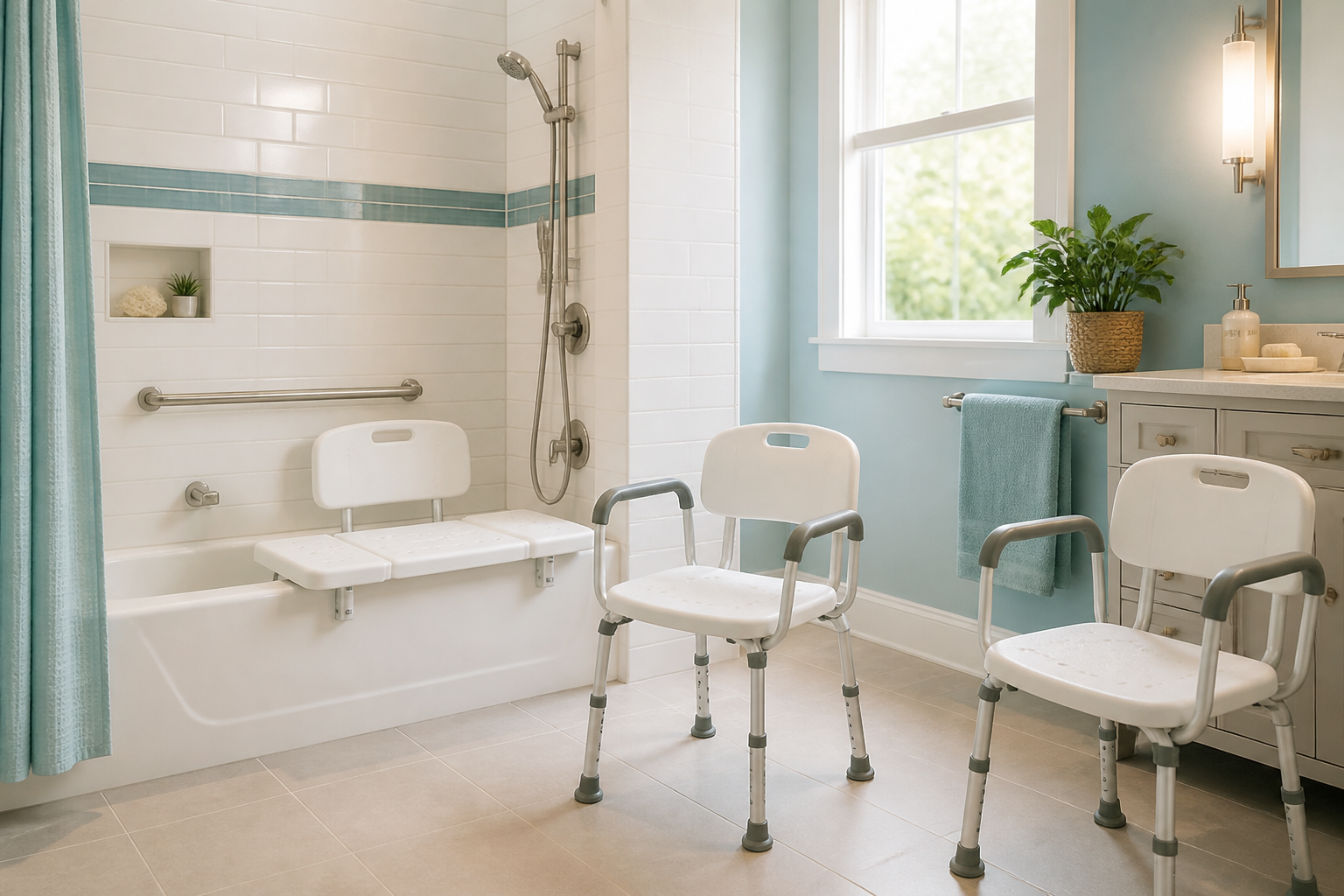 Senior-friendly bathroom with shower chairs for seniors and a tub transfer bench