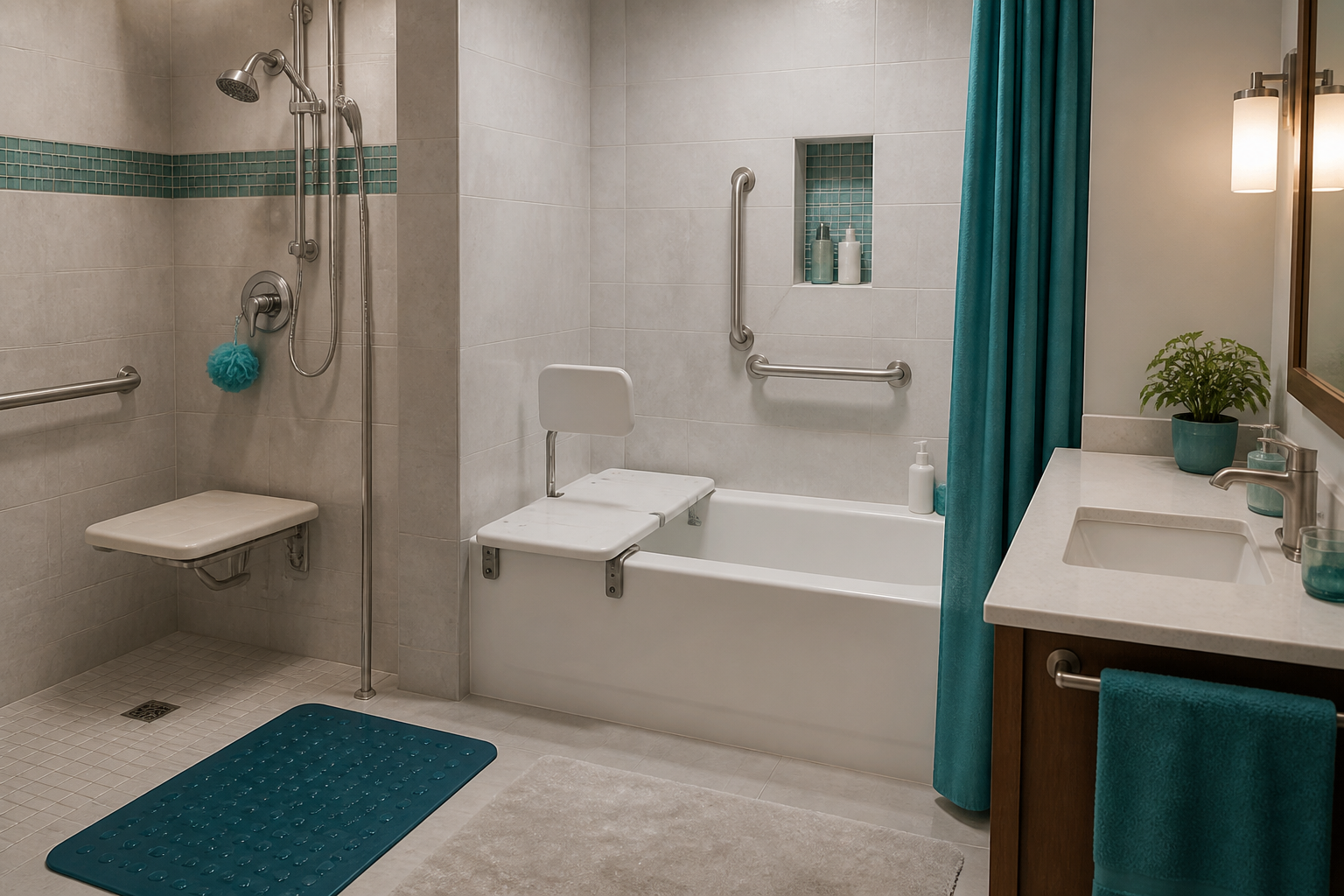 Accessible bathroom with handicap shower seating and a tub transfer bench